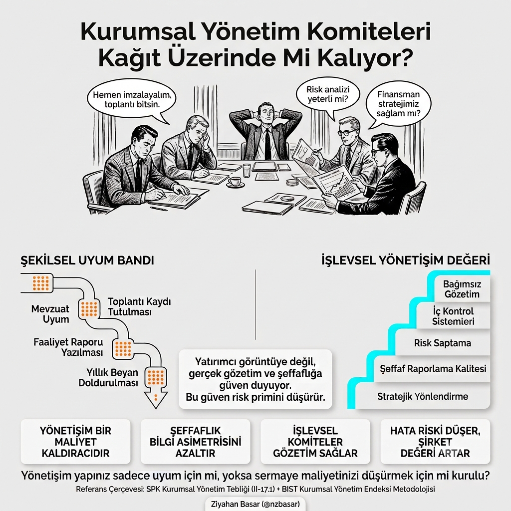 Şekilsel uyum bandı ile işlevsel yönetişim değeri merdiveni karşılaştırması: bağımsız gözetim, iç kontrol, risk saptama ve şeffaf raporlama risk primini düşürür.
